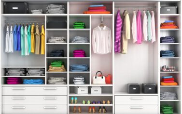 Dressing room in bright colors. Closet compartment. 3d illustration