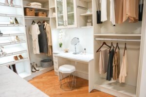custom closet with seating and shelving