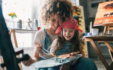 Mother and daughter painting together