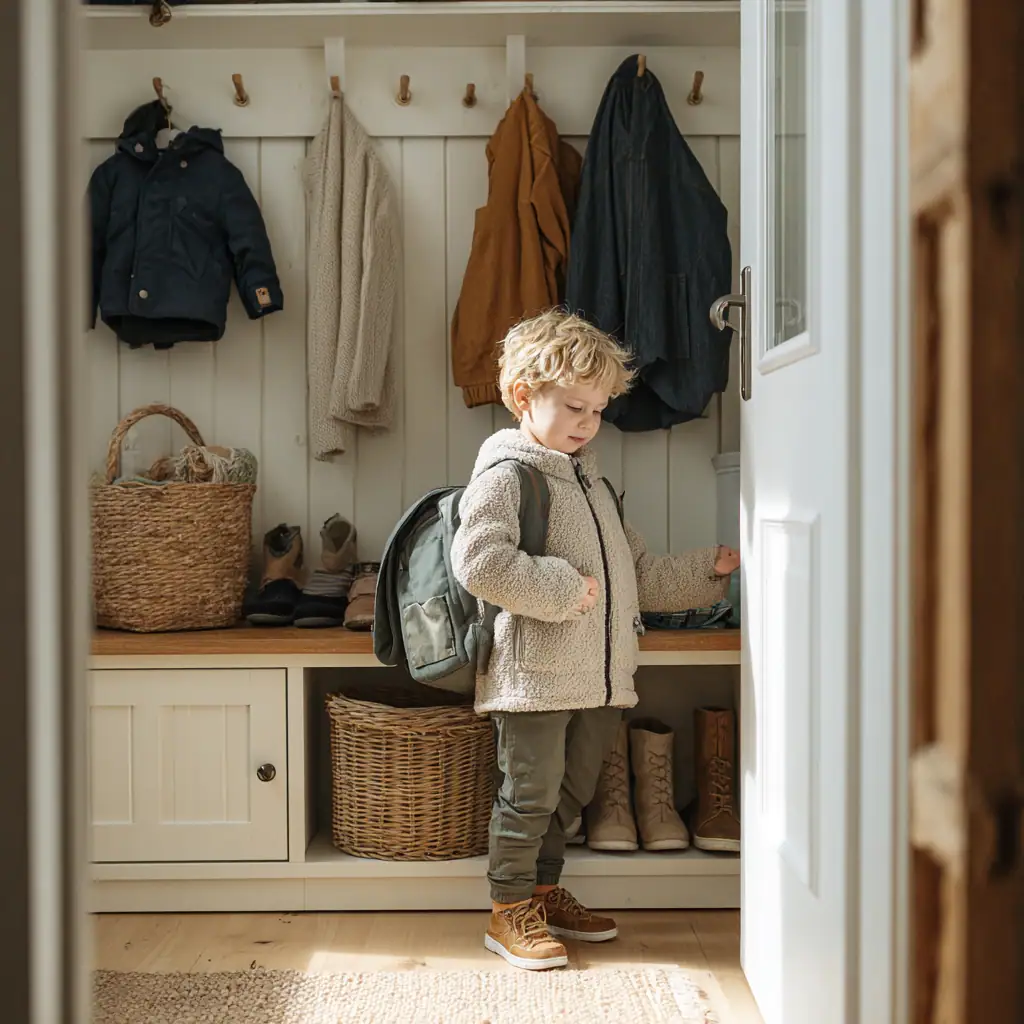 young child standing in front of a mudroom with a backpack on